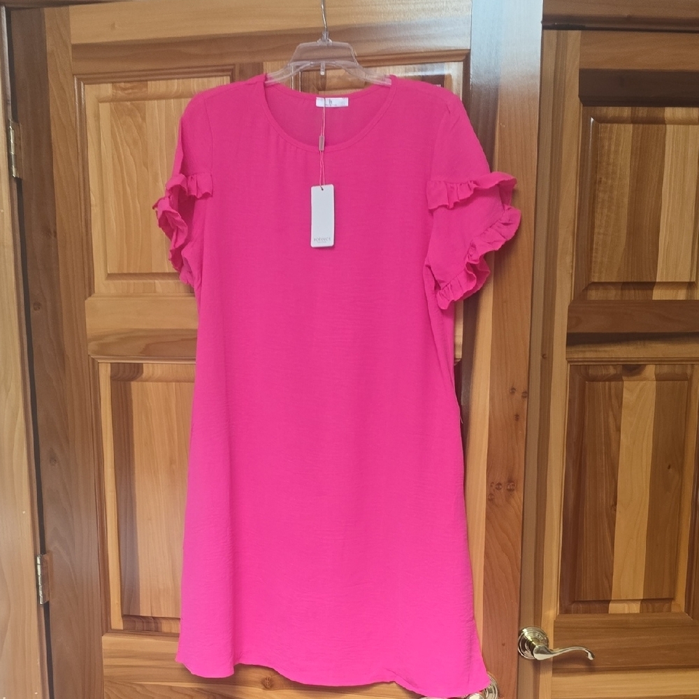 Pink Ruffle Sleeve Midi Dress